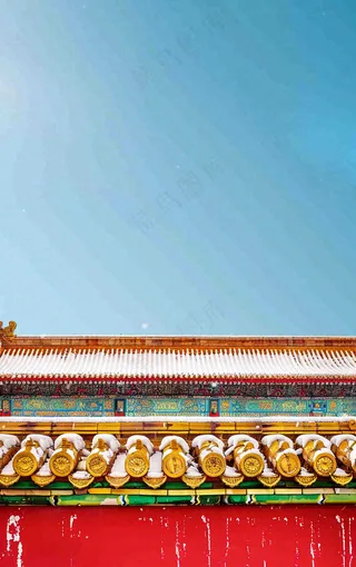 冬季故宫红色宫墙屋檐小雪大雪背景