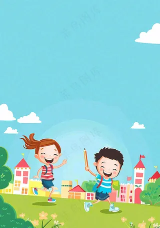 开学季学生们校园生活快乐儿童节卡通插画背景