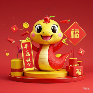 春节可爱的卡通蛇 有春联和福字 鞭炮 红包元素 AI生成中国风