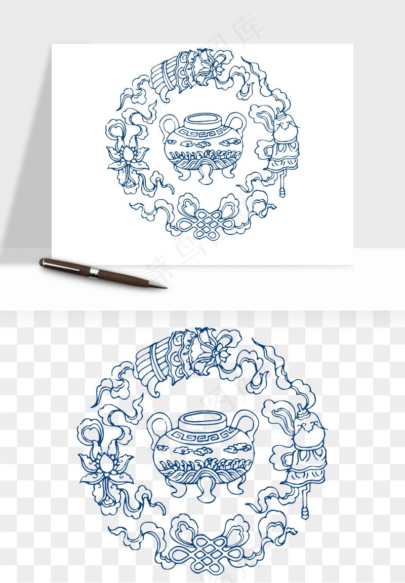 青花瓷花纹花卉图案png免抠