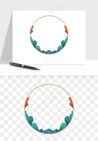 国潮风祥云浪花圆形矩形边框png免抠