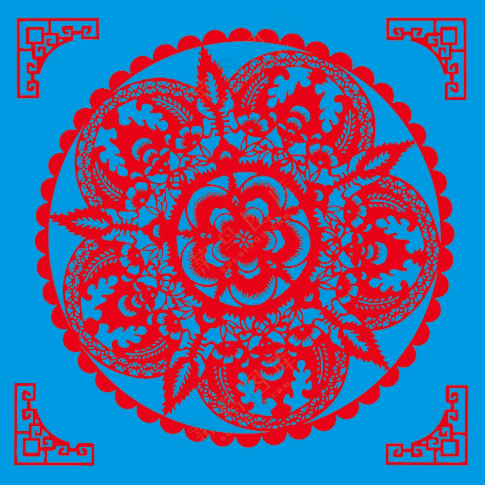 红色圆形五福剪纸