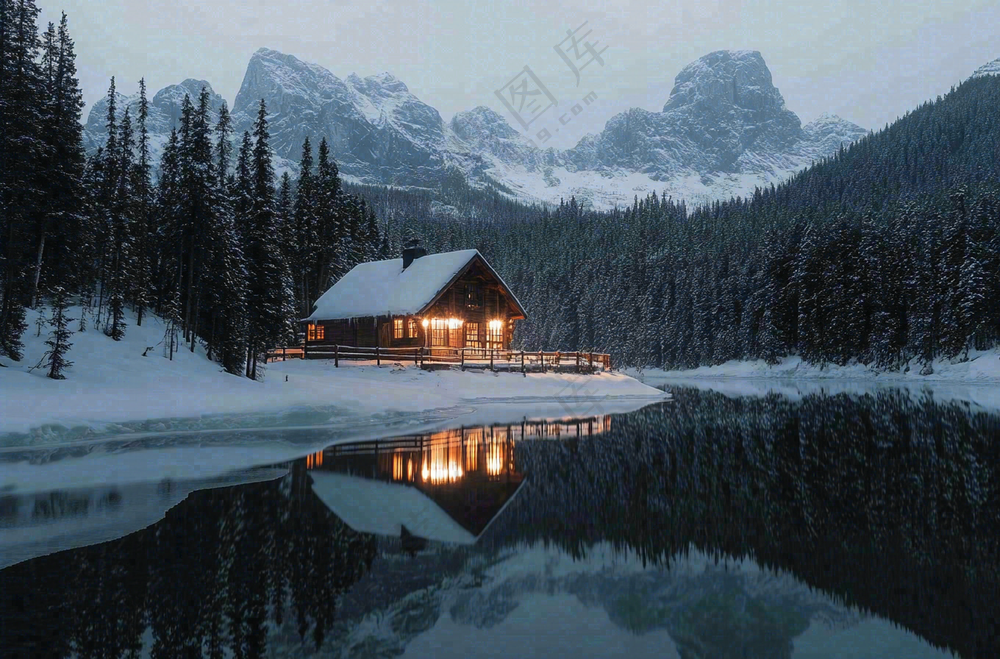 雪山下的湖泊木屋灯火大自然雪景摄影图