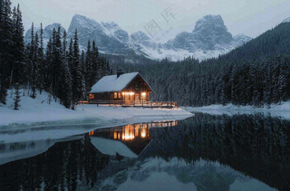 雪山下的湖泊木屋灯火大自然雪景摄影图