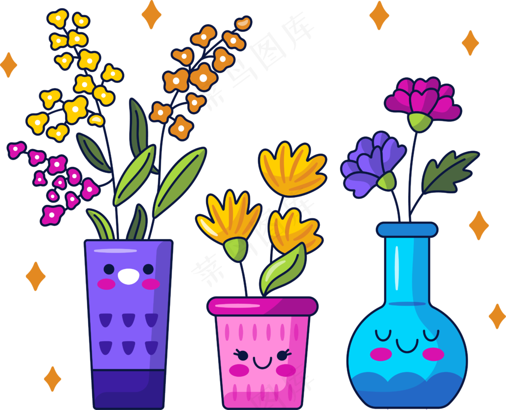 鲜花盆栽3个一组 美式多巴胺插画 免抠透明底