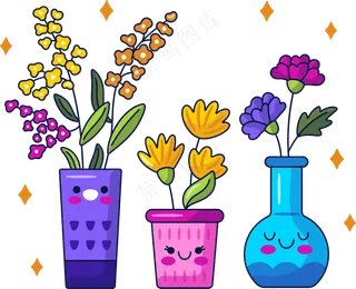鲜花盆栽3个一组 美式多巴胺插画 免抠透明底