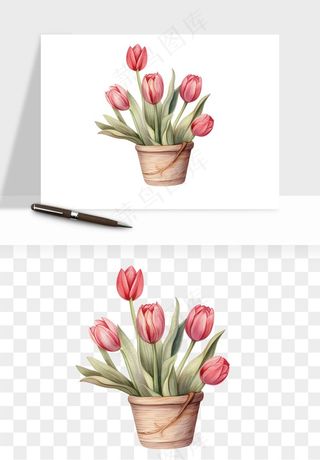 手绘花瓶花艺png免抠