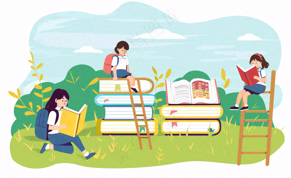 学生们在书本知识里学习阅读遨游阶梯世界读书日卡通插画背景