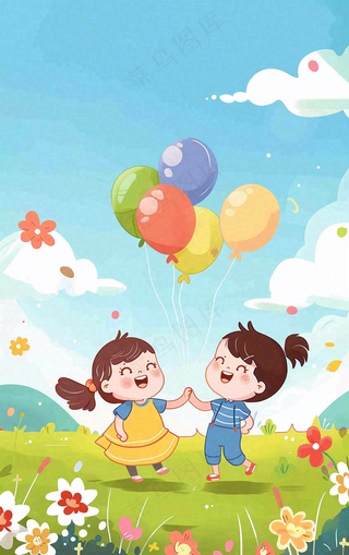 草坪玩耍的儿童气球派对儿童节卡通插画背景