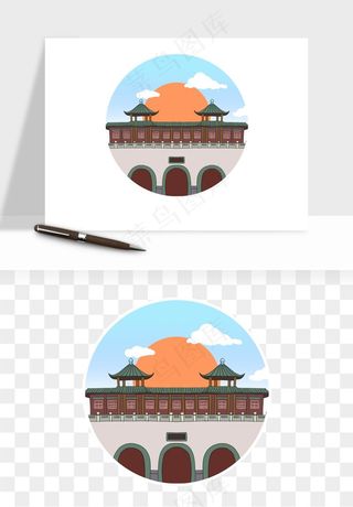 国潮城市地标山水建筑png免抠