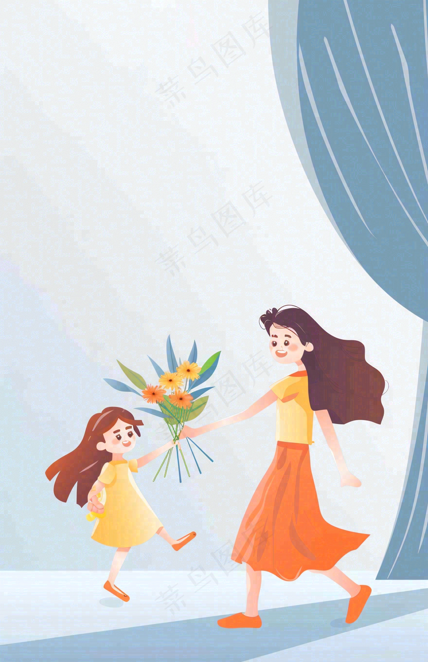 母亲节给妈妈送花的孩子亲情温馨插画背景