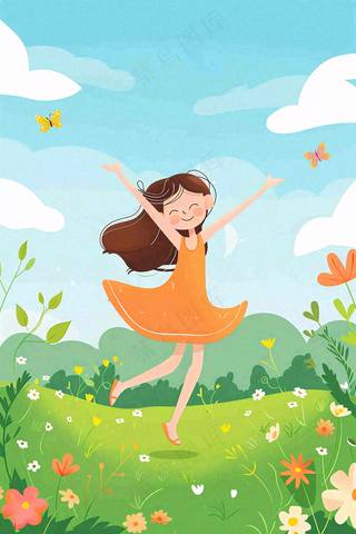 蓝天白云草坪翩翩起舞的小女孩儿童节卡通插画背景