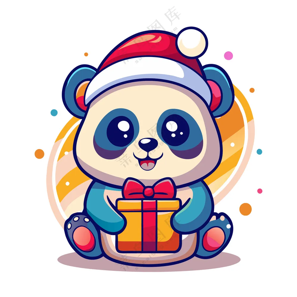 矢量动物戴圣诞帽拿礼物熊猫