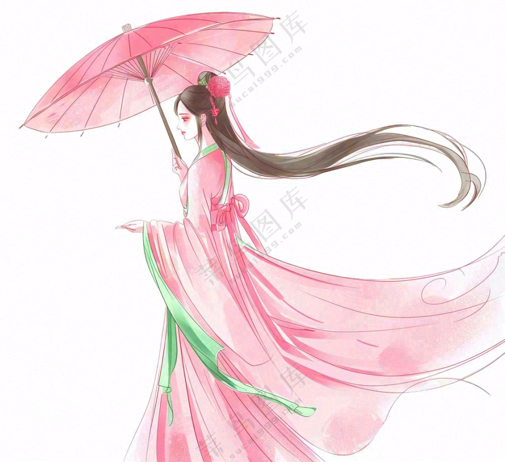 穿着粉色裙子的古风少女打伞纸伞人物插画免抠