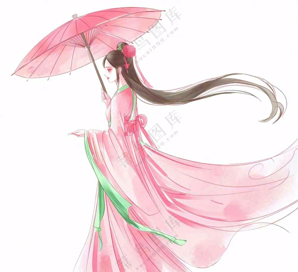 穿着粉色裙子的古风少女打伞纸伞人物插画免抠