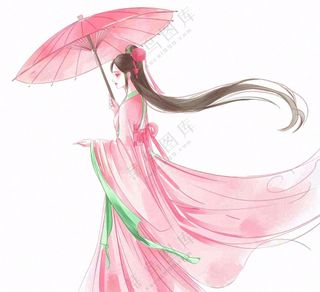 穿着粉色裙子的古风少女打伞纸伞人物插画免抠