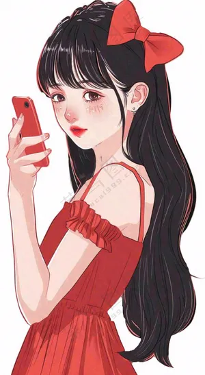 红色裙子的少女美丽卡通插画免抠