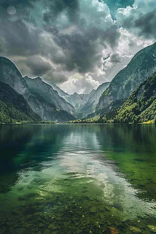 高原雪山下的湖泊自然风景乌云摄影图