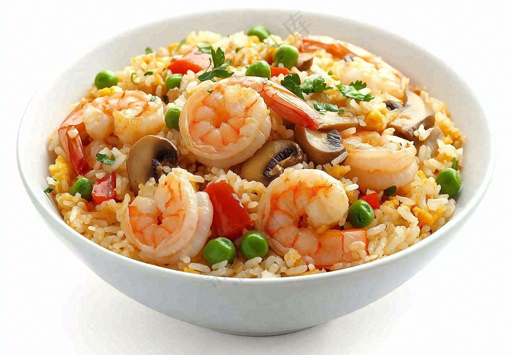 虾仁时蔬炒饭蘑菇美食摄影图