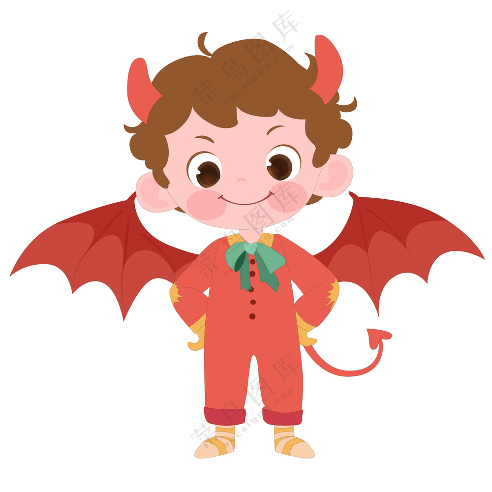 万圣节穿恶魔服装长犄角可爱男孩儿童卡通插画