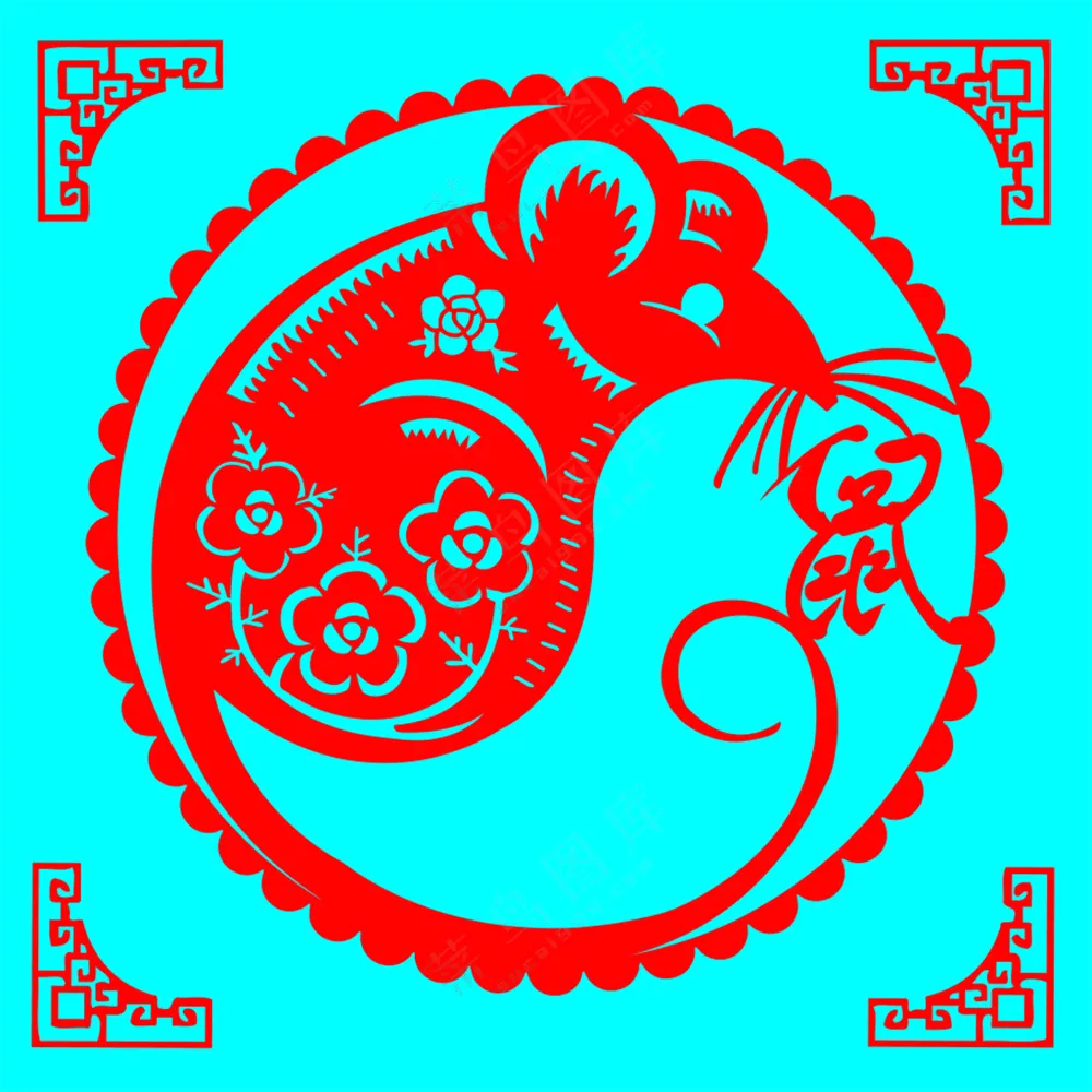 红色圆形老鼠剪纸