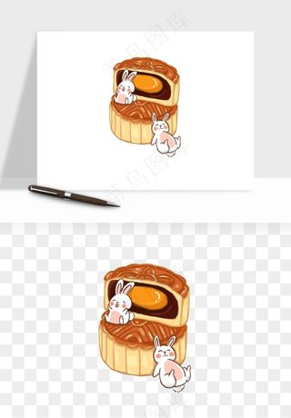 中秋月饼玉兔国潮插画png免抠
