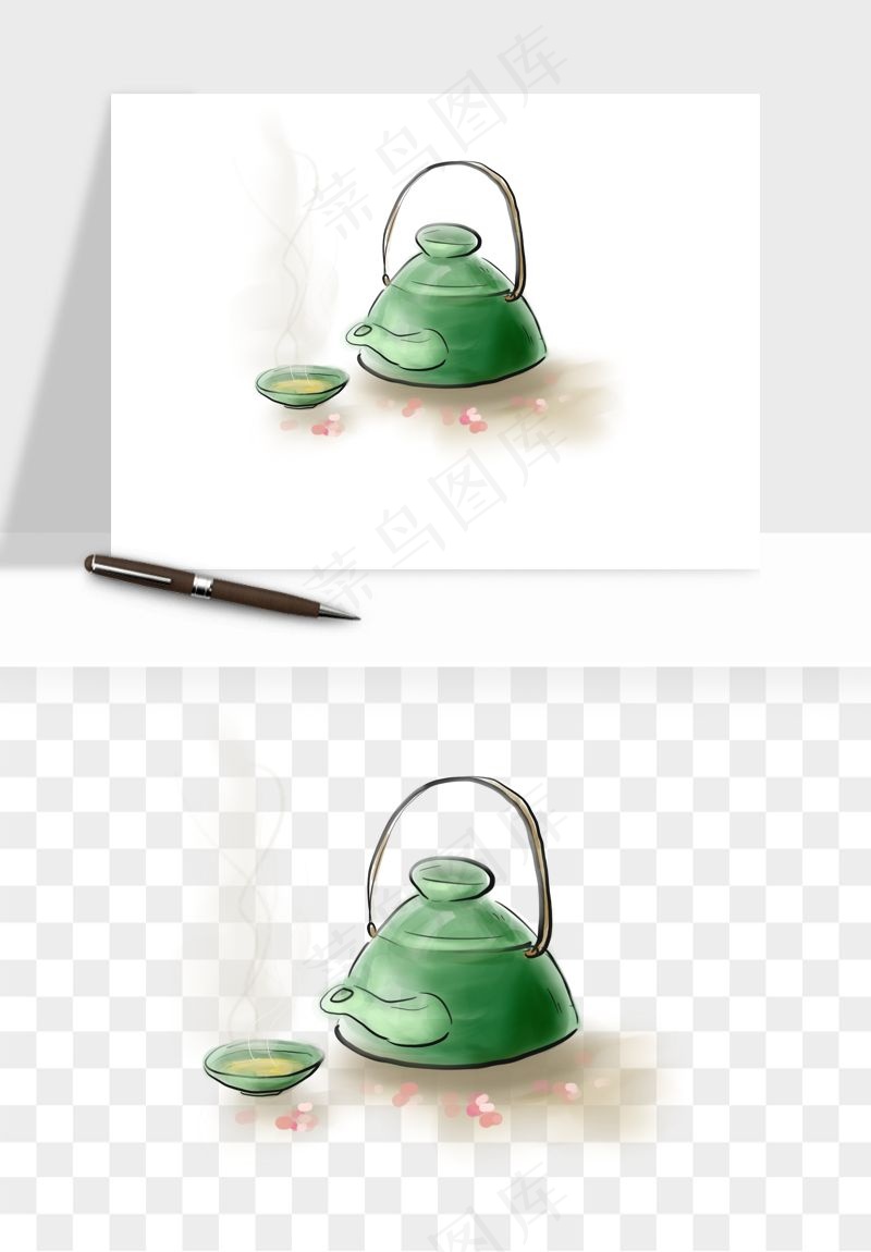 手绘茶壶茶具png免抠