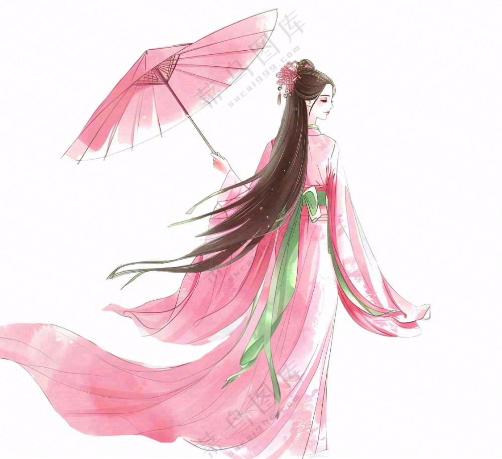 穿着粉色裙子的古风少女打伞纸伞人物插画免抠