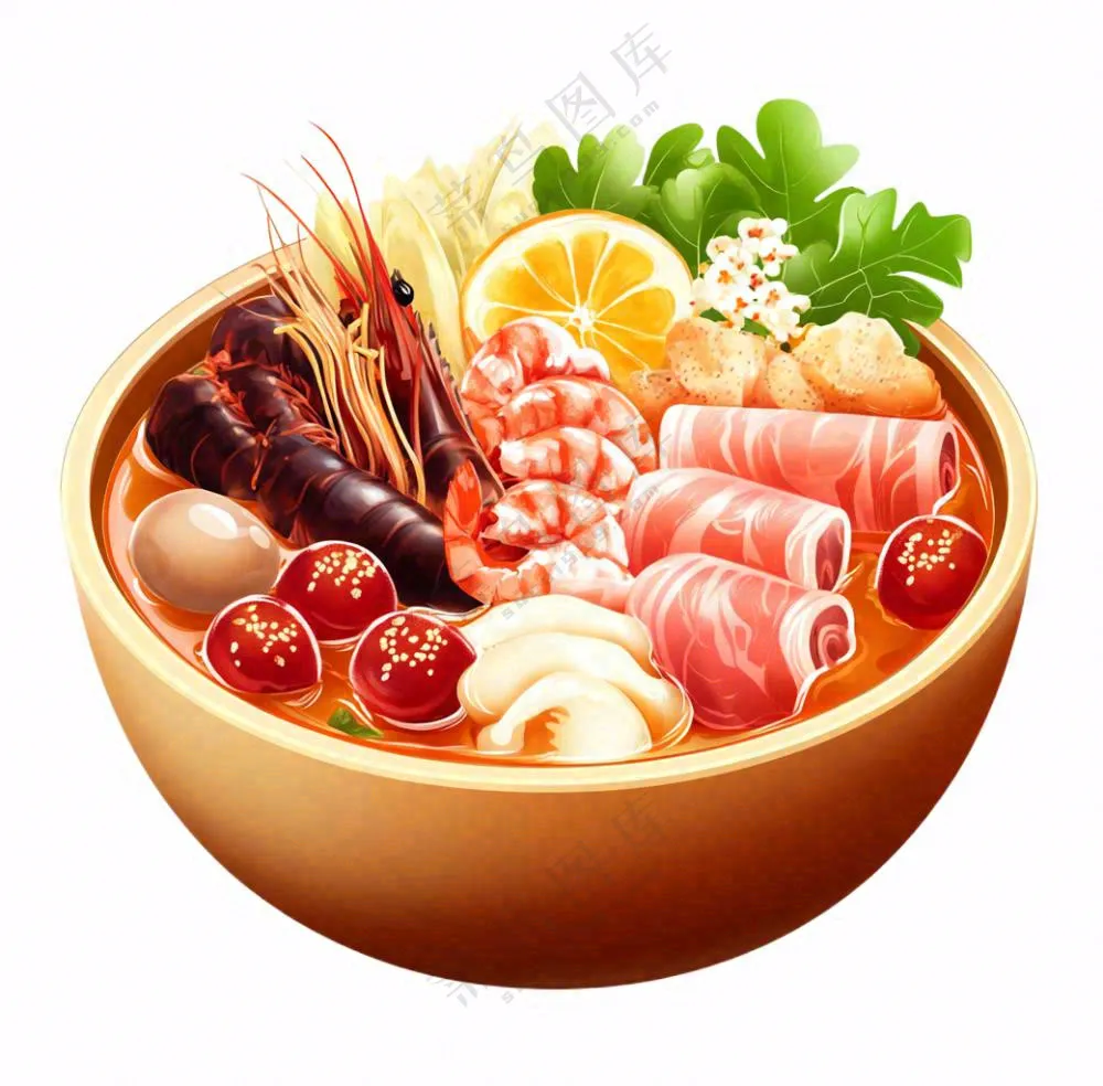 麻辣烫火锅海鲜肉类时蔬插画免抠