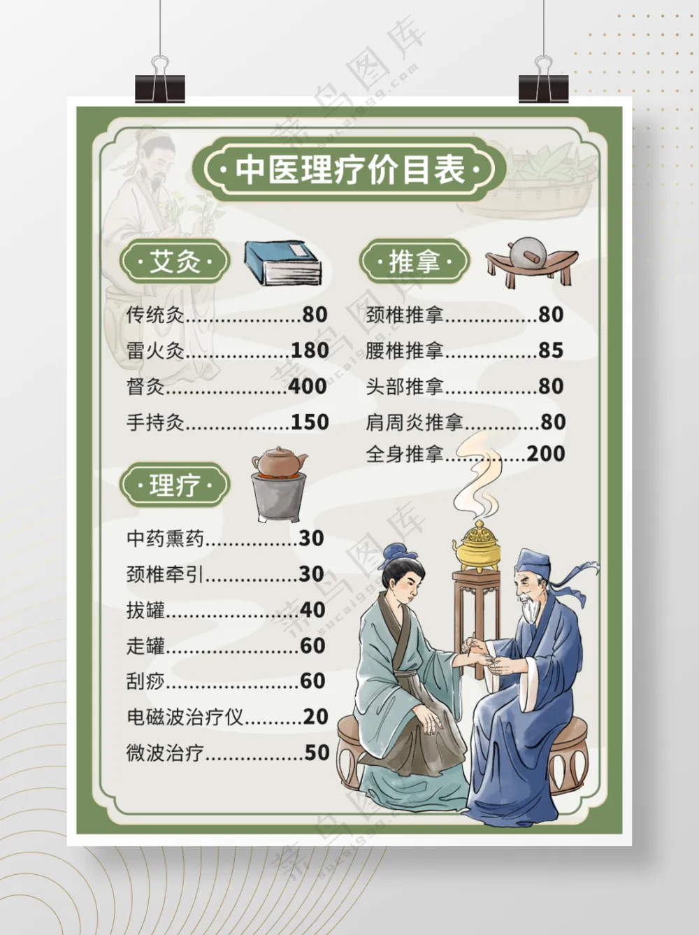 中医理疗价目表中国风中华传统文化绿色复古中医理疗价格牌