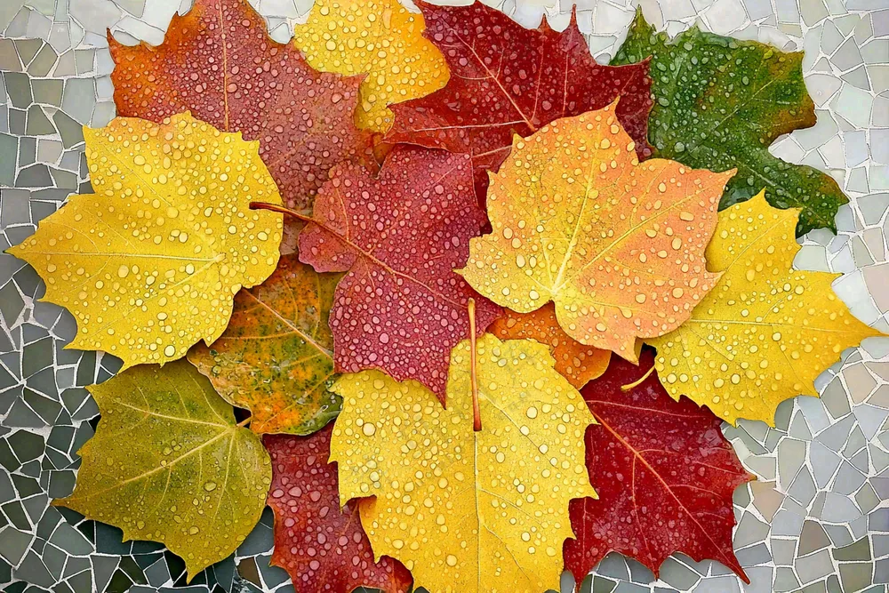 秋天雨季的落叶色彩摄影图