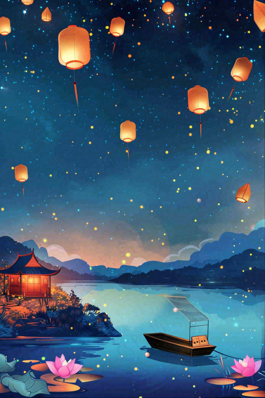 夜晚点灯孔明灯祈福中元节寒衣节插画背景