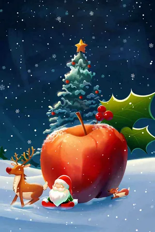 冬天雪地里的红苹果圣诞树圣诞老人童话平安夜圣诞节卡通插画背景