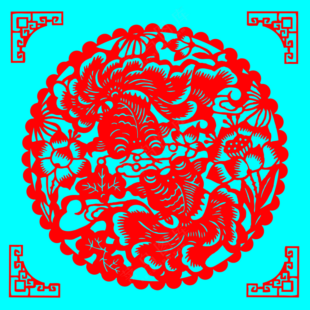 红色圆形莲年有鱼剪纸