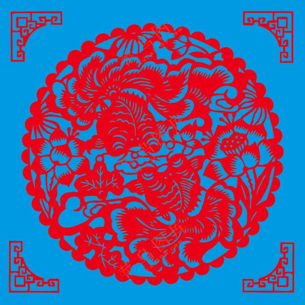 红色圆形莲年有鱼剪纸
