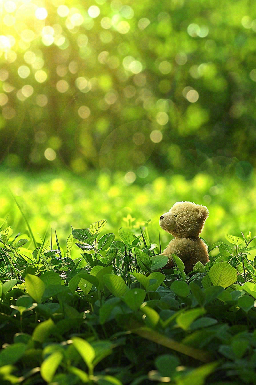 春天绿草坪野花上的小熊玩偶阳光立春春分惊蛰摄影图