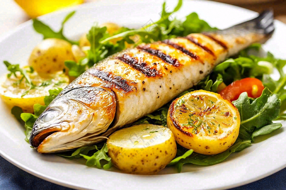 美味烤鱼沙拉柠檬美食摄影图