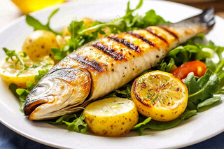 美味烤鱼沙拉柠檬美食摄影图