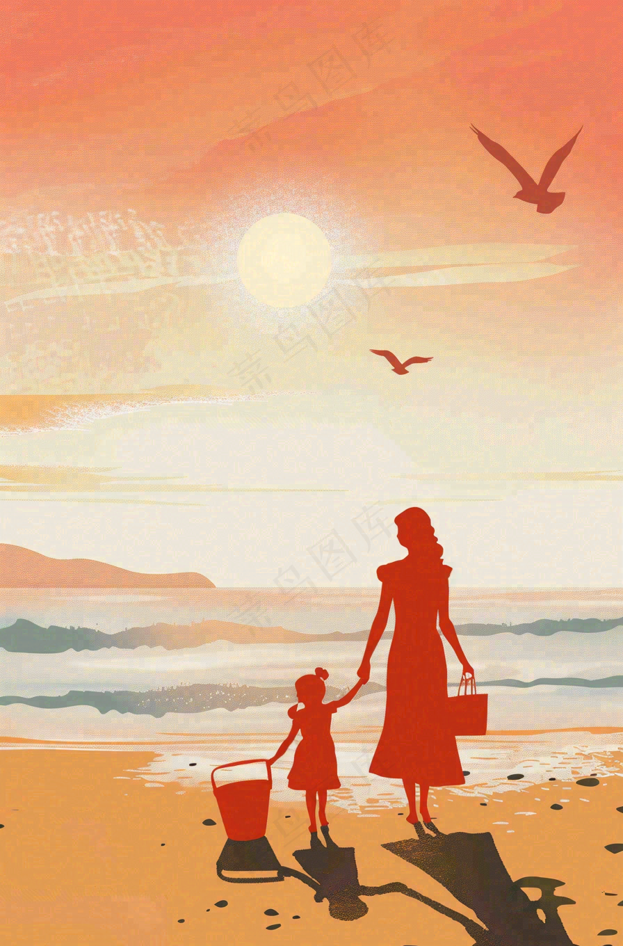 夕阳晚霞下的海洋沙滩亲子散步母亲节插画背景