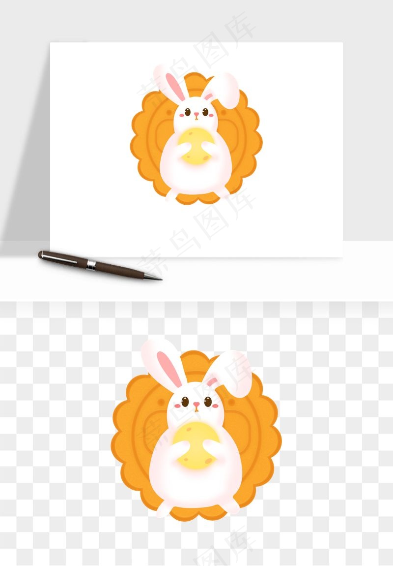 中秋月饼玉兔国潮插画png免抠
