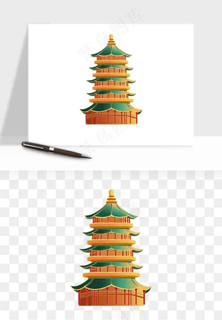 国潮高塔古塔楼建筑png免抠