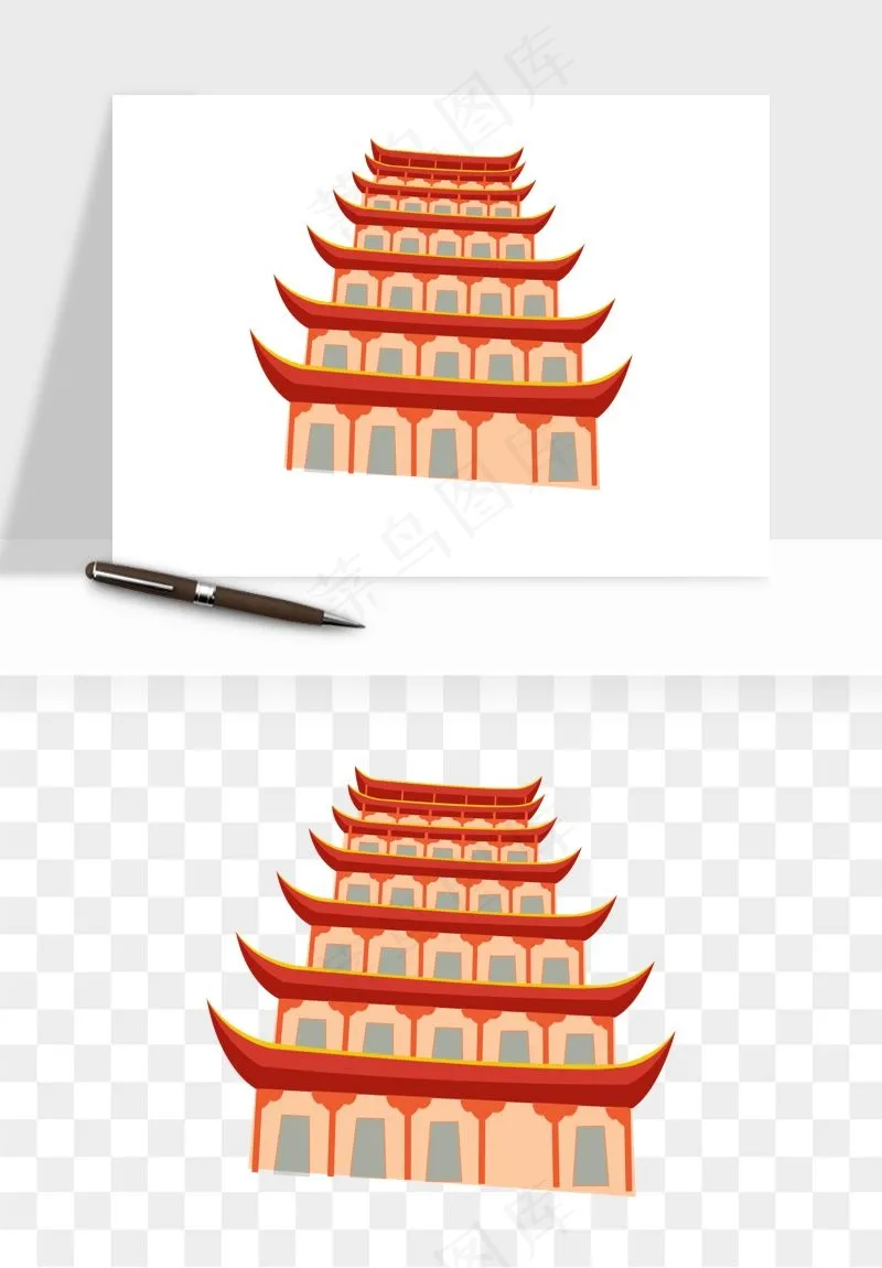 国潮风古建筑古楼古塔鼓楼psd,png免抠图(1500x1500)psd模版下载