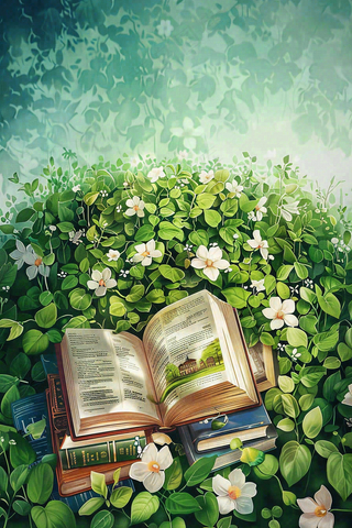 春天草丛花丛里的书本阅读插画世界读书日背景