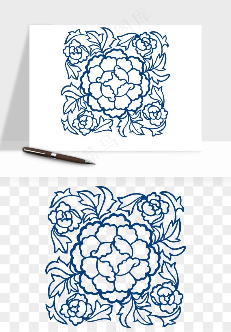 青花瓷花纹花卉图案png免抠
