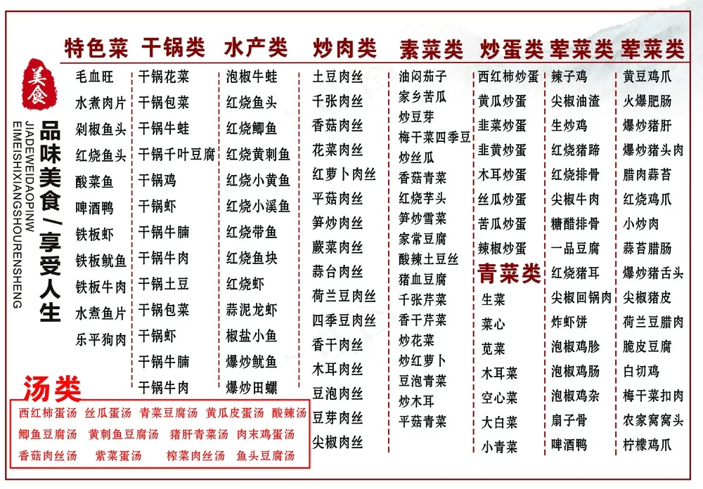 菜单价格表