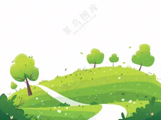 草原青草树木卡通插画免抠