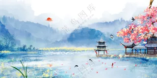 湖水亭风景水墨画