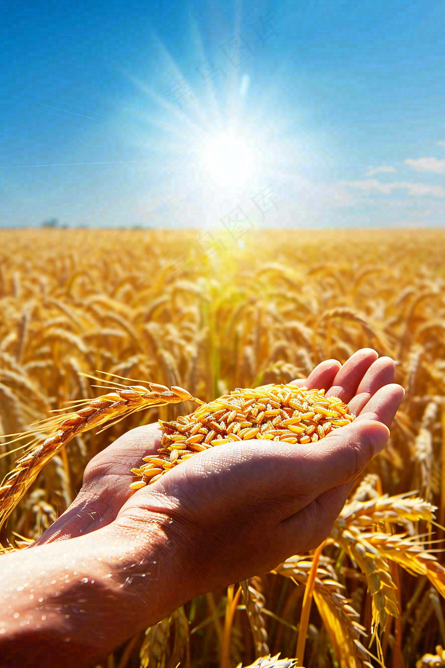 金黄的稻田手捧粮食珍惜粮食芒种世界粮食日摄影图