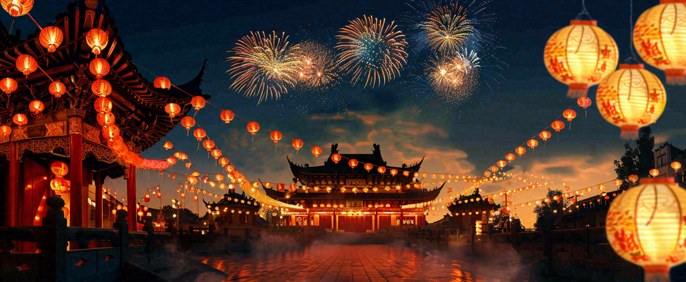 新年节日京城灯火灯笼烟花爆竹盛世国风小年除夕元宵节插画背景