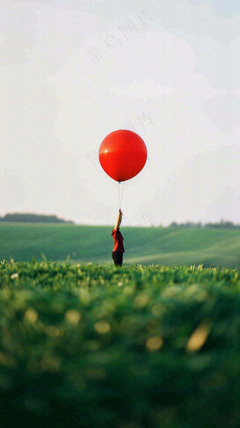 草地天空中的红色气球愚人节摄影图